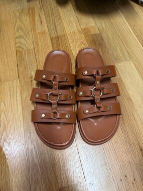 Marc Fisher Tan Brown Triple-Strap Slide Sandals